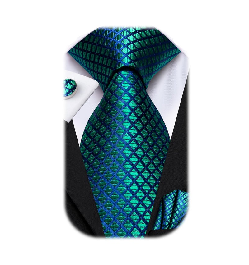 Dubulle Mens Blue Green Plaids Floral Silk Tie for Men Striped Necktie and Pocket Square Cufflinks Set Wedding Business - Image 1